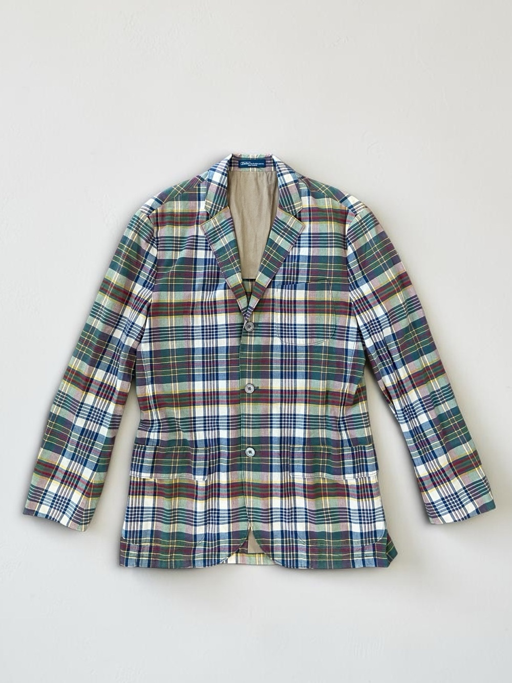 Vintage Polo Ralph Lauren Madras Plaid Sport Coat Blazer 42L Unstructured 90s